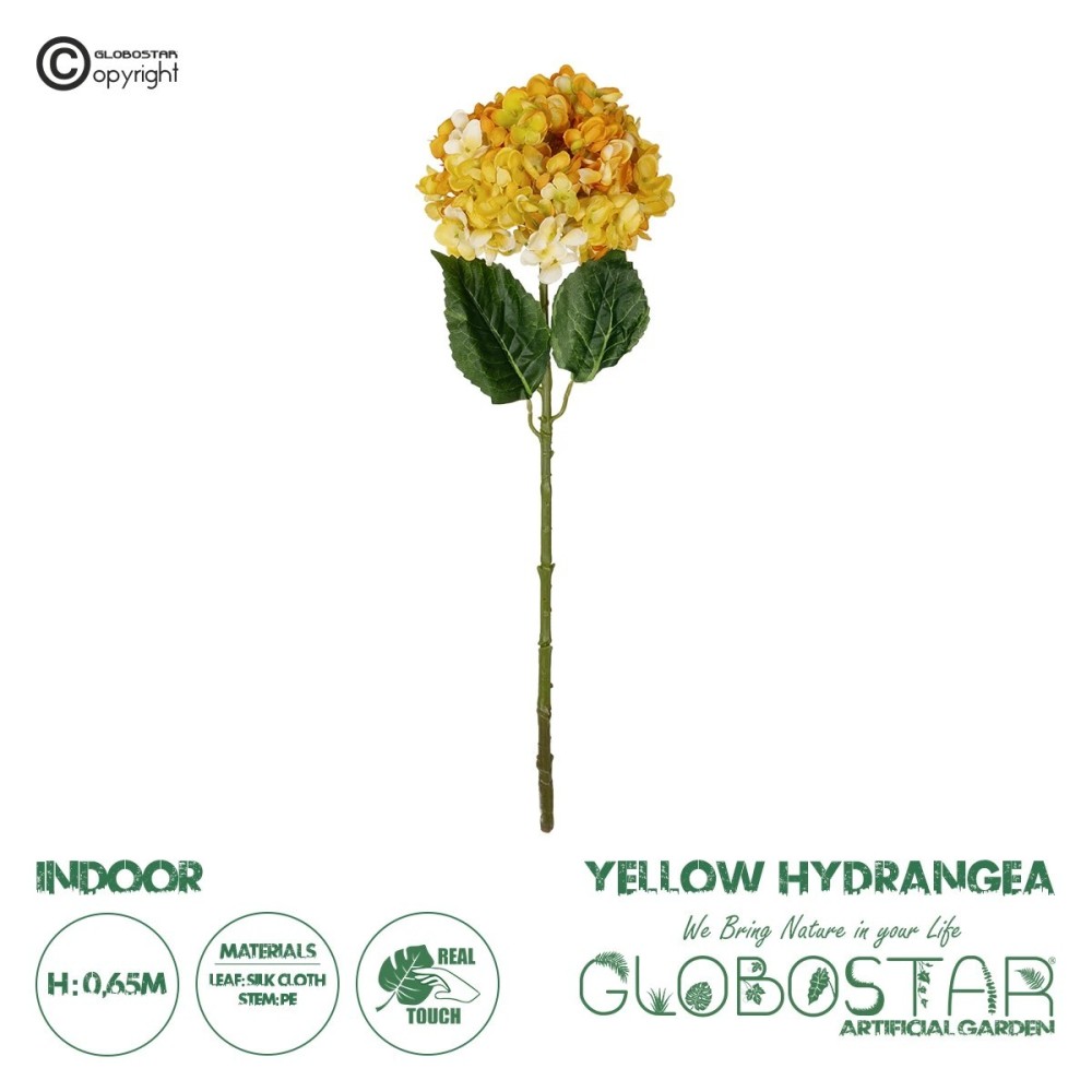 GloboStar® Artificial Garden YELLOW HYDRANGEA BRANCH 21317 Τεχνητό Διακοσμητικό Κλαδί Κίτρινη Ορτανσία Y65cm
